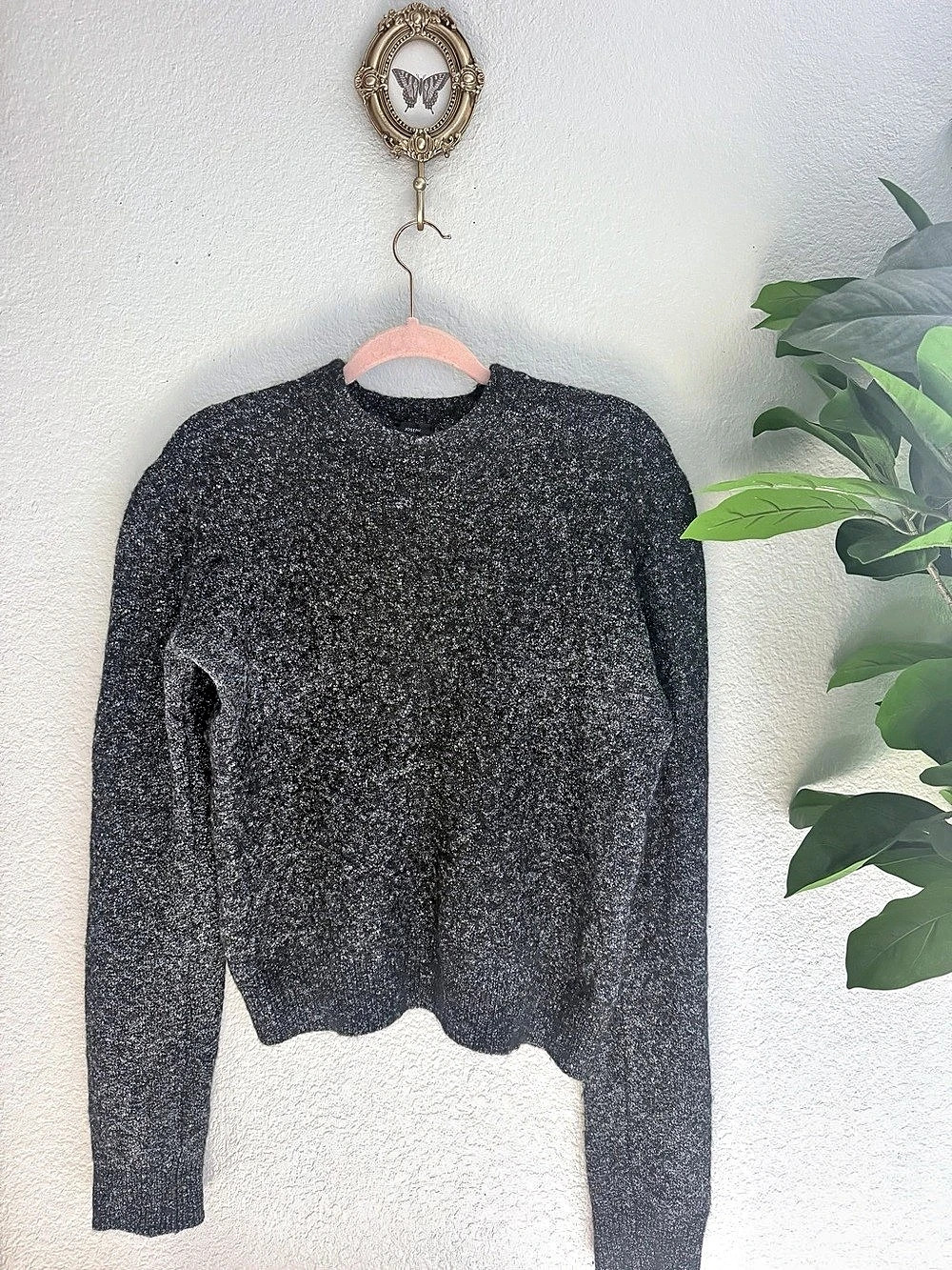 JOSEPH Made in Italy Silk Alpaca Wool Tweed Crewneck Sweater Charcoal S